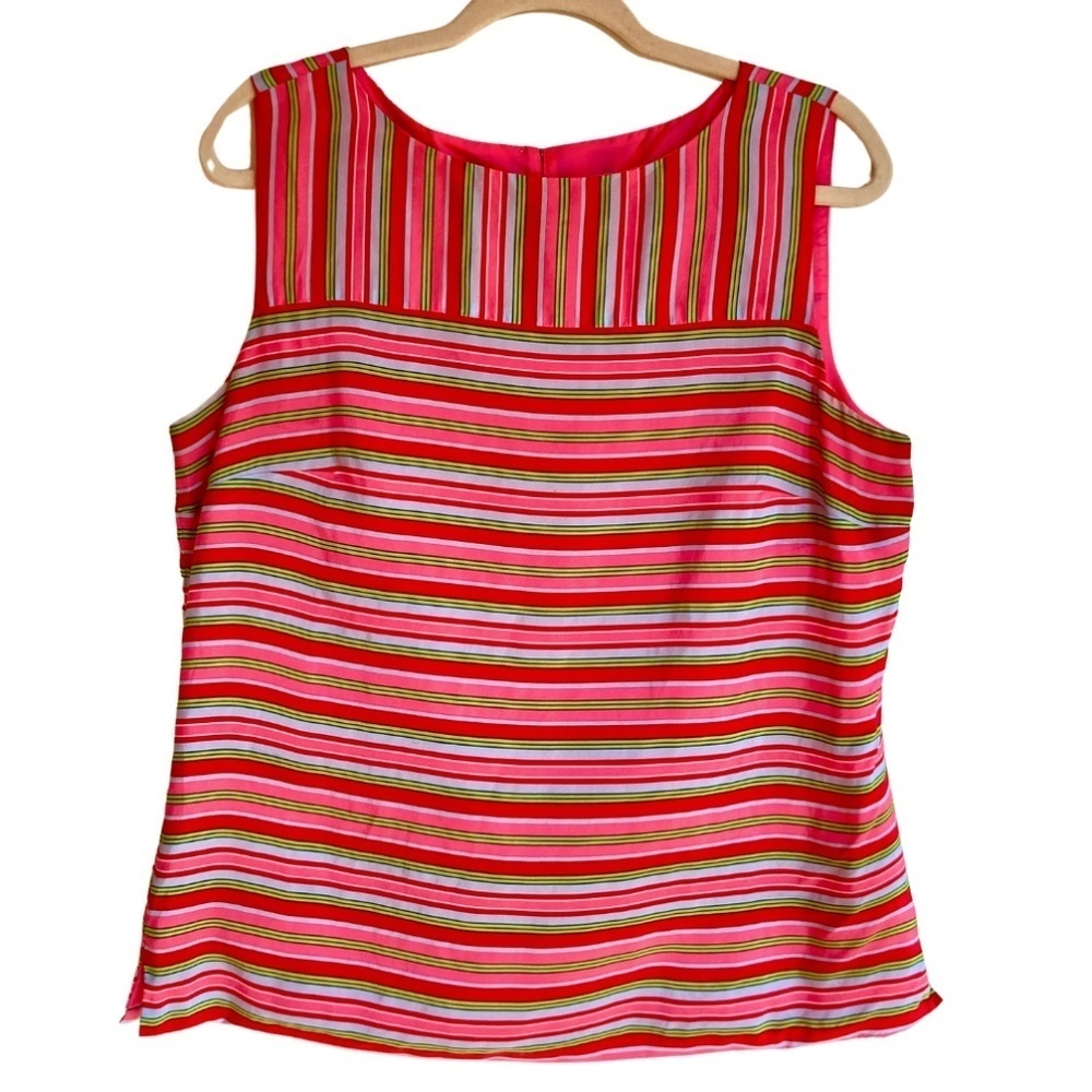 Talbots | 100% Silk Pink & Green Preppy Striped Sleeveless Blouse | Size 14